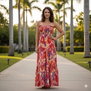Anthropologie Abel The Label Sz L Strapless Colorful Tropical Resort Maxi Dress